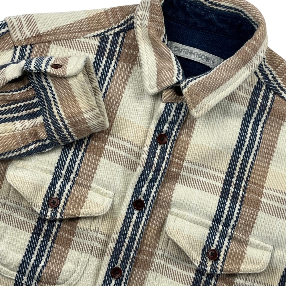 Outerknown Blanket Shirt Mens XS Plaid Organic Cotton Flannel Brown Cream Blue